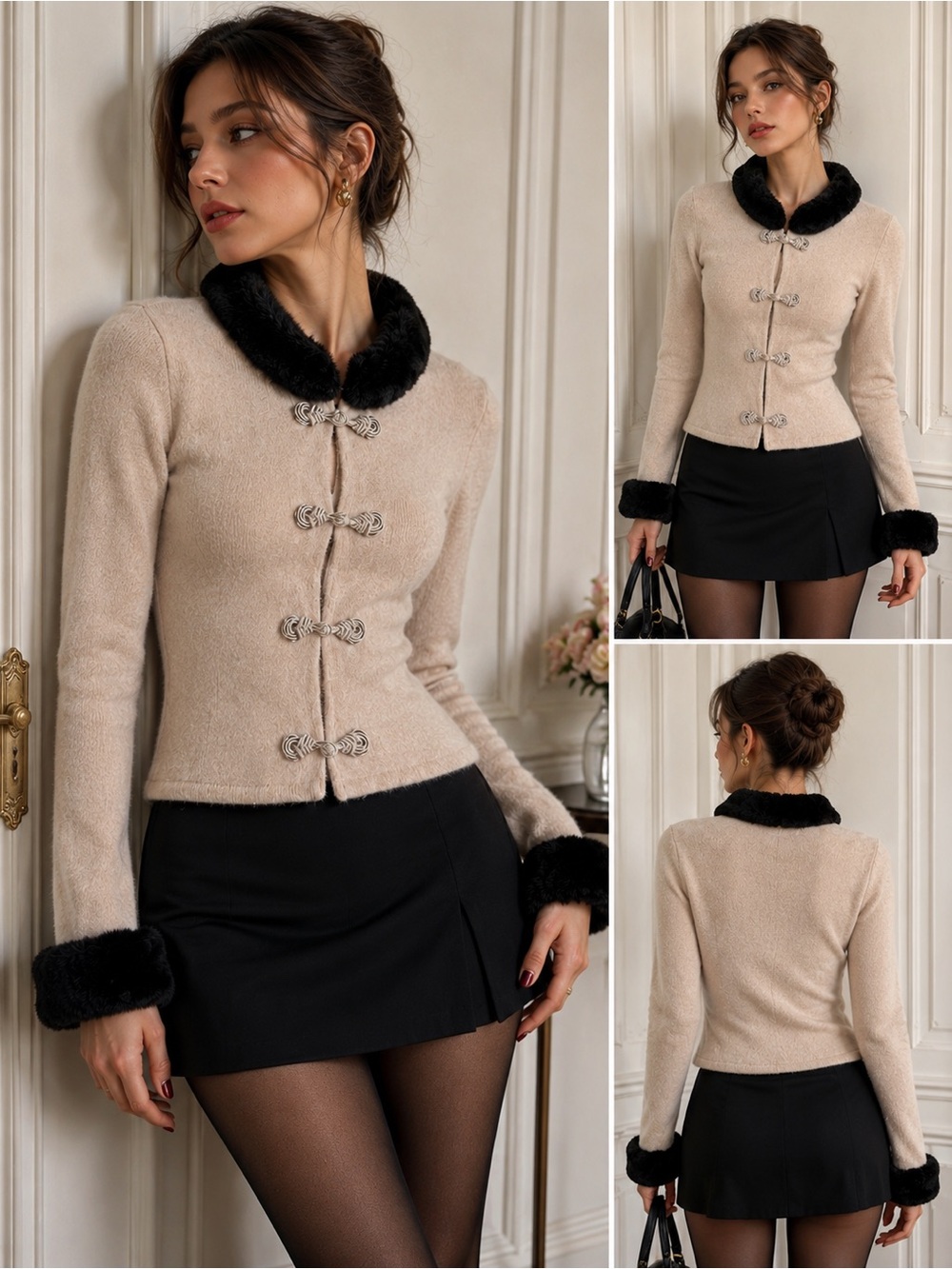Y2K Angora Wool Knit Cardigan Sweater M Fur Trim Coquette Quiet Luxe Preppy Soft